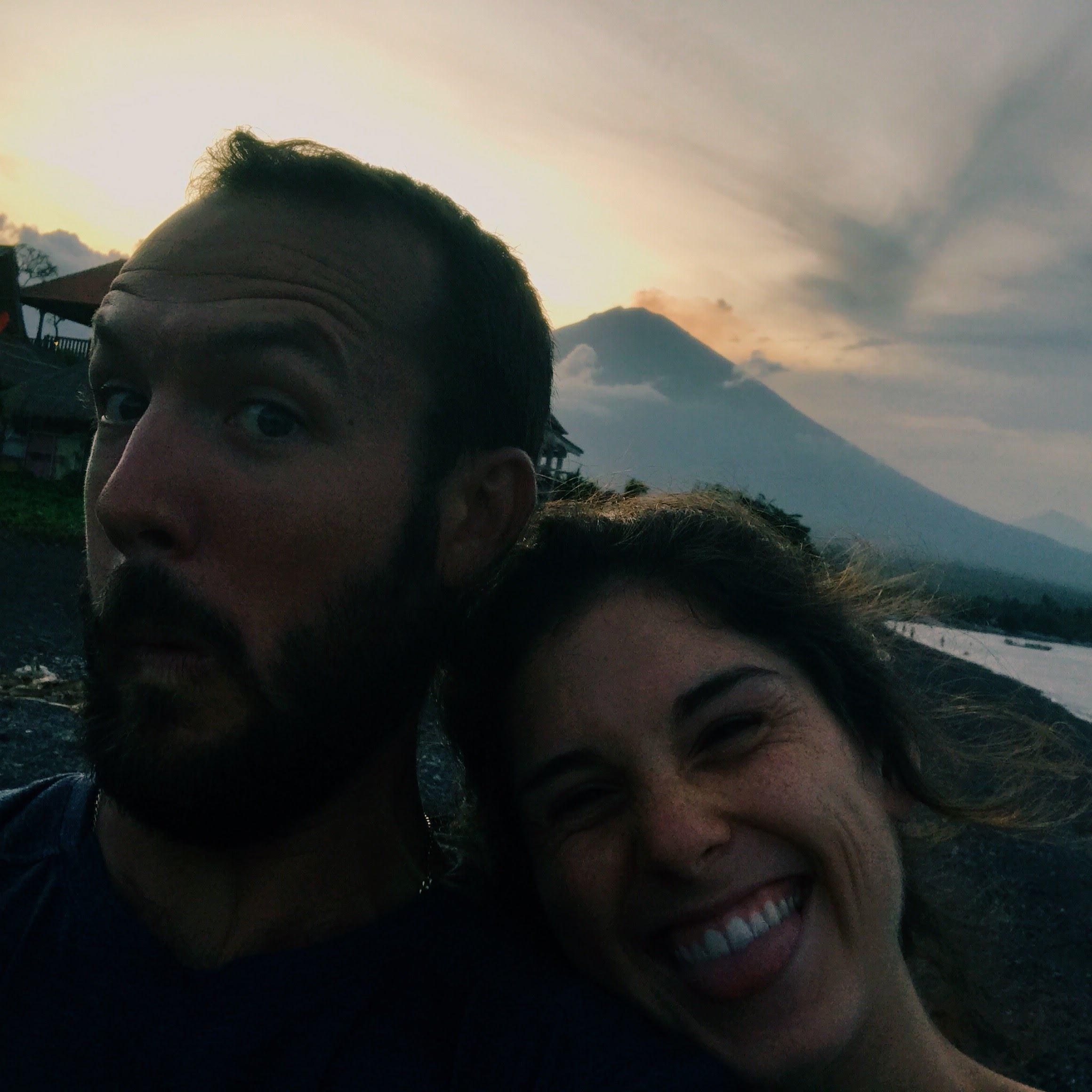 Bali! We lived really close to this beach, and behind us you can see Mt. Agung, an active volcano!