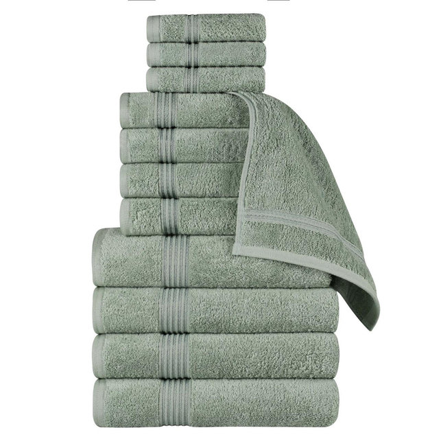 Premium Cotton Heavyweight Plush Highly-Absorbent Luxury 12 Pices Towel Set, Sage Green - Blue Nile Mills