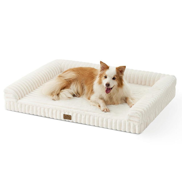 COZY KISS Cute Dog Bed for Large Dogs, Faux Rabbit Fur Orthopedic Foam Dog Bed with Sides, Removable Washable Cover & Waterproof Lining, Comfortable Pet Couch, Cream (44" L x 32" W x 7" Th)