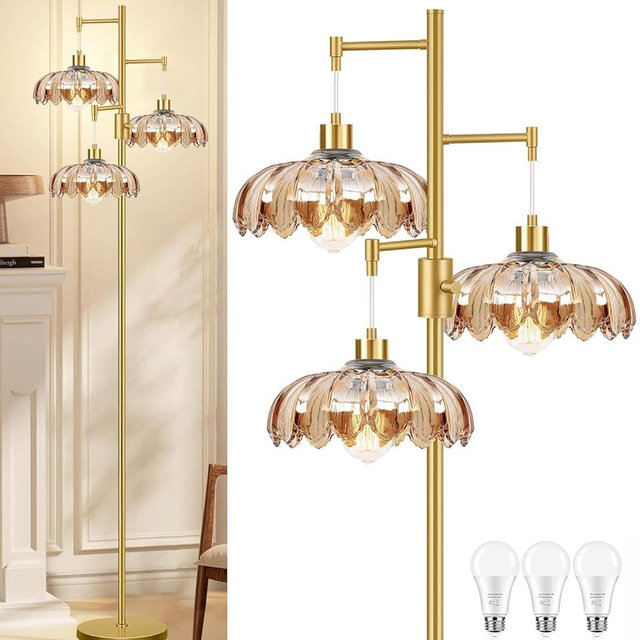 Dimmable Floor Lamp for Living Room Bedroom-3 Light Gold Floor Lamp with Glass Lampshape, Flower Tall Lamp Mid Century Modern Standing Lamp Glass Tree Floor Lamps for Living Room Bedroom,Corner