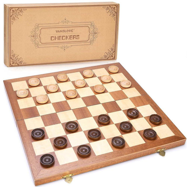 VAMSLOVE 14inch Checkers Folding Wooden Game Set, 8x8 Classic Checkerboard International Checkers Draughts Board 64 Square with Pieces Storage Slots (Instructions Included)