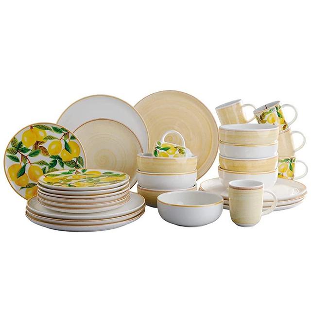 Corona Dinnerware Spring Bundle 32 Pieces |Alegra set + Mustard Caoba Set | Lemons & hand-painted product | Set de Vajillas 32 Piezas