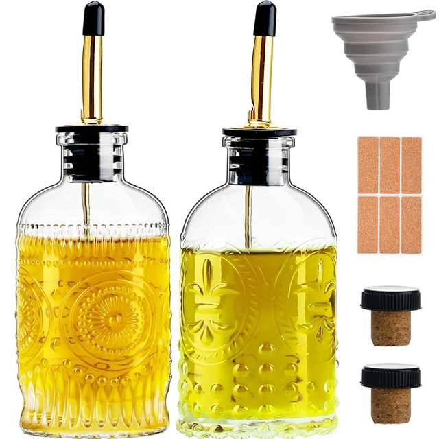 gegewawa Olive Oil Dispenser Bottle for Kitchen with Metal Spout, Glass Oil Bottles 7OZ, Elegant Glass Cooking Oil Dispenser for Kitchen-2pcs