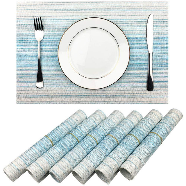 Placemat,Blue and White Blending Color Durable Woven Vinyl Placemat Washable Heat-Resistant Anti-Skid Kitchen Dining Table Mats Set of 6