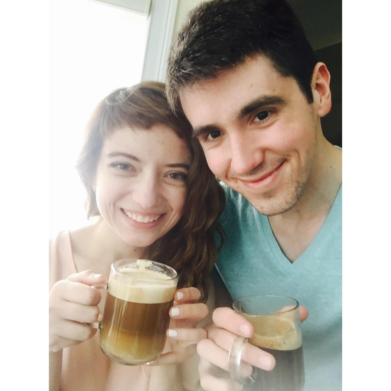He drinks black coffee, she drinks decaf with plenty of milk and sugar