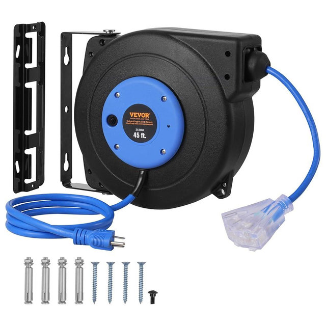 VEVOR Retractable Extension Cord Reel, 45 FT, Heavy Duty 12AWG/3C SJTOW Extension Power Cord with Lighted Triple Tap Outlet, 15A Circuit Breaker 180° Swivel Bracket for Ceiling or Wall Mount, Blue