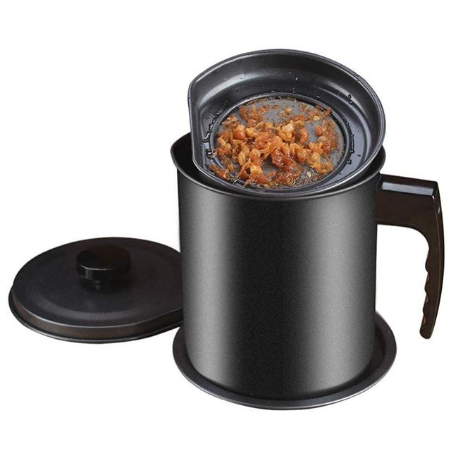 Bacon Grease Container with Strainer, Ourokhome 1.3L / 5.2 Cup Kitchen Used Cooking Oil Storage Can Grease Keeper with Fine Mesh Filter and Lid for Fat, Hot Frying Oil (Black)