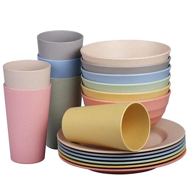 Cainfy Wheat Straw Dinnerware Set for 6, Unbreakable Cereal Fruit Soup Rice Bowls Plates Mugs Sets Outdoor Camping Sets Dishwasher Microwave Safe