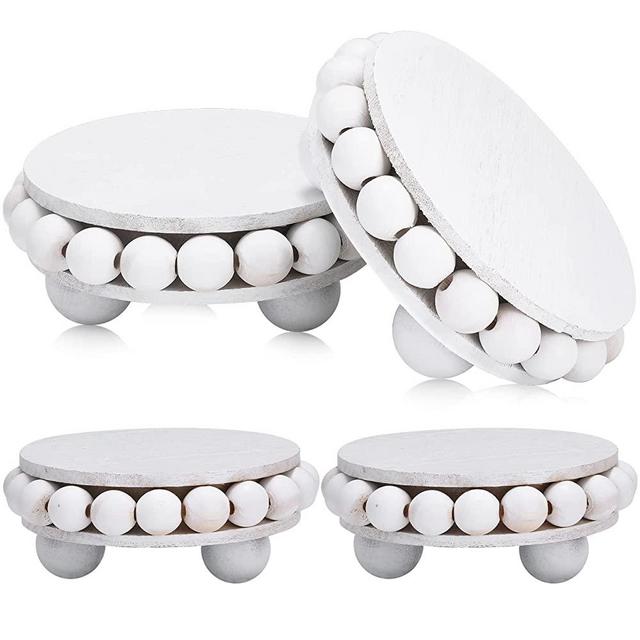 4 Pieces Wood Riser for Decor Round Wooden Risers for Displays Distressed Wood Risers Farmhouse Mini Tray Rustic Pedestal Stand Display Risers for Table Tiered Trays Home Kitchen Decoration (White)