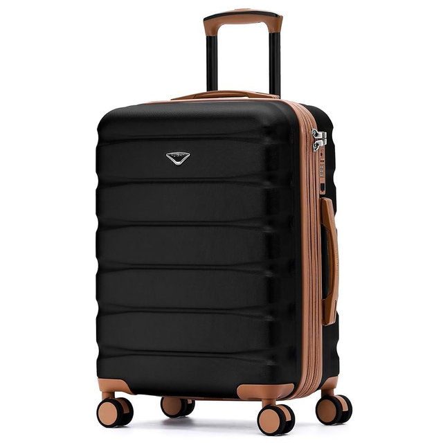 Flight Knight 24x16x10 Expandable Carry On Suitcase Hardside TSA Lock USB C Lightweight Luggage Silent Double Spinner Wheels Maximum Overhead Carry-On Bag For Virgin South West Approved Black/Tan