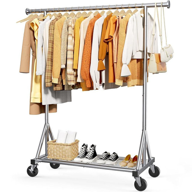 Sakugi Stainless Steel Rolling Clothes Rack with Mesh Shelf, Lockable Wheels & Anti-Slip Stoppers, Freestanding Clothing Organizer for Bedroom, Laundry Room, 42.5" x 16.5" x 65.9", Silver