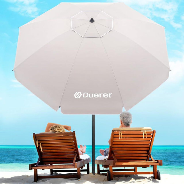 Duerer 8.5FT Beach Umbrella with Sand Anchor–Heavy Duty Wind Resistant UPF 50+ Sun Shade, Portable Travel Beach Umbrella with Tilt & Carry Bag for Beach, Sand, Garden, Patio, Pool (Beige)