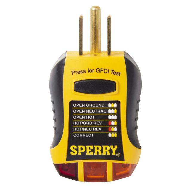 Sperry Instruments GFI6302 GFCI Outlet / Receptacle Tester, Standard 120V AC Outlets, 7 Visual Indication / Wiring Legend, Home Professional Use, Yellow Black
