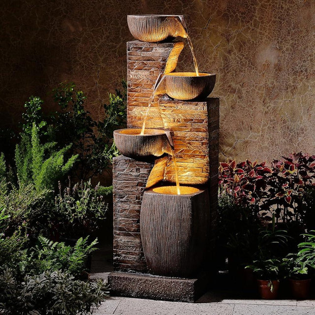 Pivotify 38.2" Tall Water Fountain Outdoor Garden,4 Tiers Modern Cascading Bowls and Stacked Stones Indoor Fountains with LED Lights for Patio, Deck, Porch, Backyard and Home Art Decor(Reddish-Brown