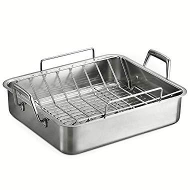 Tramontina 80203/006DS Gourmet Deep Rectangular Roasting Pan with Basting Grill and V-Rack, 16.5 Inch, Made in Brazil