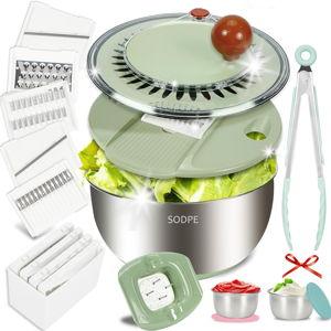 Stainless Steel Salad Spinner Large with 5 Blades Slicer, Lettuce Washer Spinner and Dryer, Vegetable Fruits Chopper Bowl, Egg Yolk Strainer Comes with Dipping Saucers and Clip, 5.3Qt