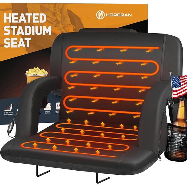 HOPERAN Heated Stadium Seats for Bleachers with Back Support and Wide Cushion, Extra Portable Bleacher Seat Foldable Stadium Chair, USB 3 Levels of Heat, 5 Pockets for Outdoor Camping Games Sports