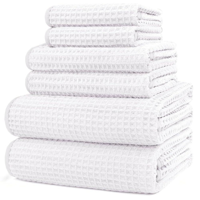 HOMEXCEL 6 Piece Premium Towels Set, 2 Bath Towels, 2 Hand Towels, and 2 Wash Cloths, Soft, Highly Absorbent and Quick Dry Microfiber Waffle Towel for Bathroom, Gym, Shower, Hotel, and Spa, White