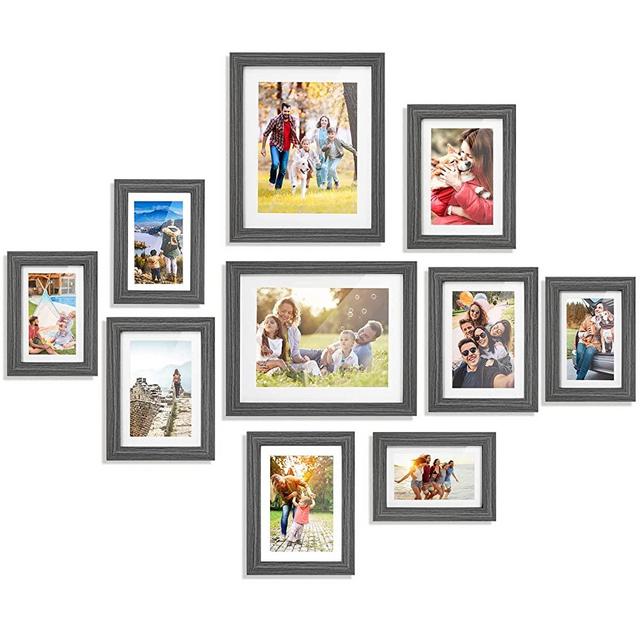 EOMEOH Picture Frames Set of 10, Wood Gallery Wall Frame Set with Cover Mat and Real HD Glass Including Multi Size 4×6 5×7 8×10 Picture Frames for Wall Decor or Tabletop, Rustic Black Grey