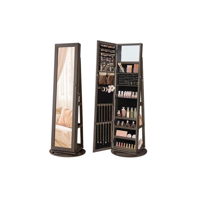 SONGMICS Swivel Jewelry Cabinet, Lockable Jewelry Organizer with Full-Length Mirror, Rear Storage Shelves, Interior Mirror,Jewelry Armoire,Ash Brown