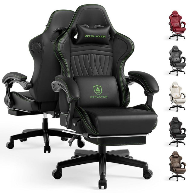 GTPLAYER ACE-PRO Music Gaming Chairs – Built-in Speakers, App Support & Bluetooth Control, Footrest & Pocket, Gamer Chair for Adults, Black & Green Stitch