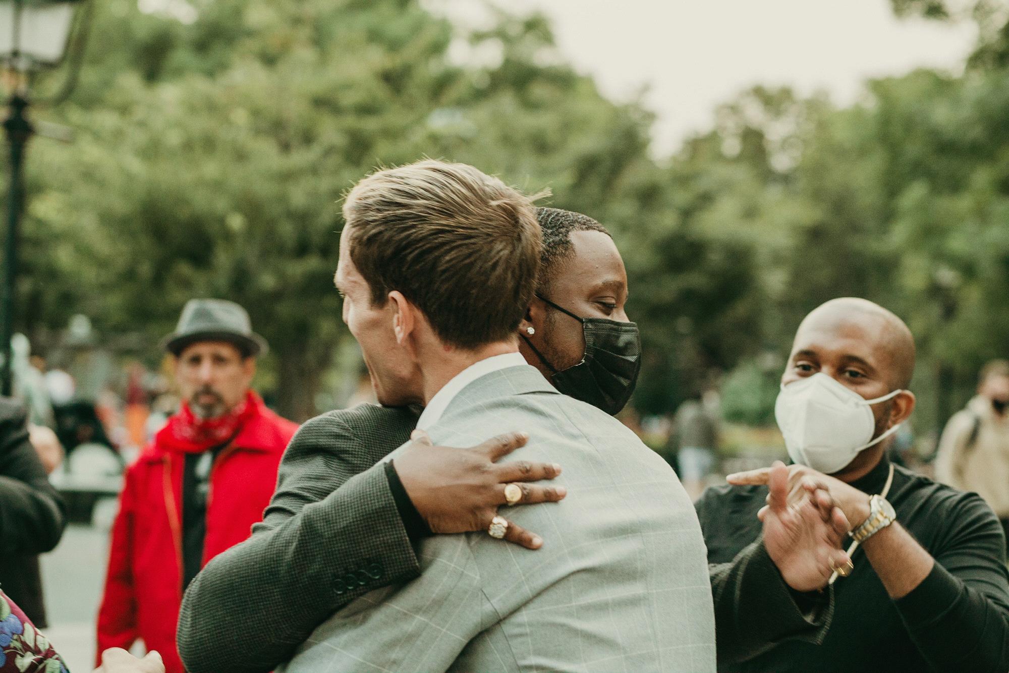 Immediately after the ceremony with friends Matt Richards, Chris Redd, Rich Vos (dressed like one of the Jets in West Side Story.) Pic by Matty Noir @pbsthephotographer