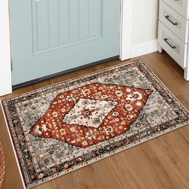 Lahome Boho Tribal Area Rug - 2x3 Small Red Oriental Entryway Rugs for Bedroom, Soft Washable Non Slip Persian Bathroom Mat Indoor Throw Carpet for Laundry Room Foyer Bedside Living Room