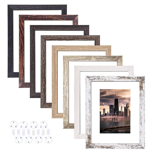 8x10 Picture Frames Set of 8, Rustic Picture Frames Multi Wood Pattern, HD Plexiglass Cover Display Photos 5x7 with Mat or 8x10 Without Mat,Vertical and Horizontal Formats for Wall Hanging and