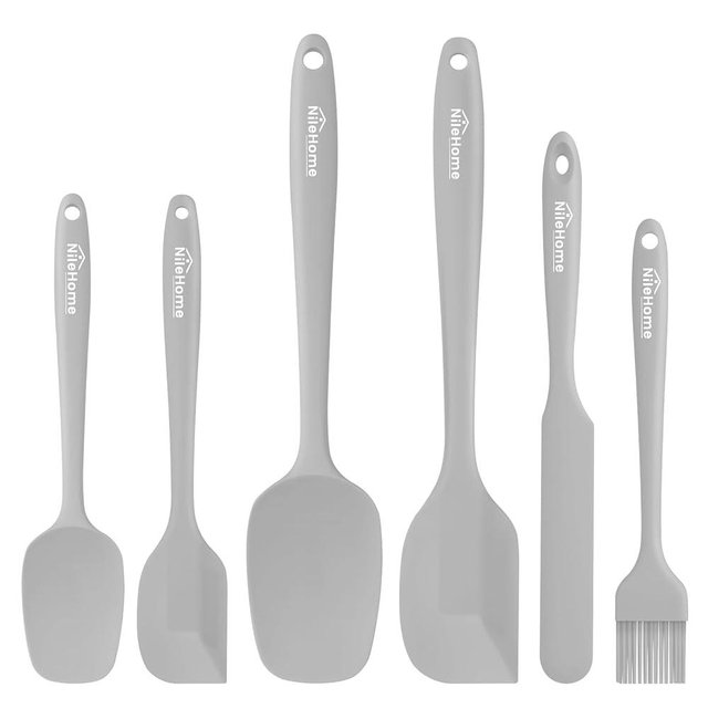 NileHome Silicone Spatula Set, 6 Pieces Food Grade Kitchen Utensils with Silicone Brush Heat Resistant Dishwasher Safe BPA-Free Rubber Spatula for Scraping, Baking, Cooking, Mixing-Grey