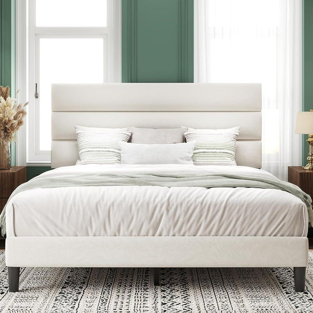 Acurax Queen Size Bed Frame with Velvet Upholstered Headboard, Platform Bed Frame with Metal Support, Fully Upholstered Mattress Foundation, No Box Spring Needed, Noise Free, Easy Assembly, Beige
