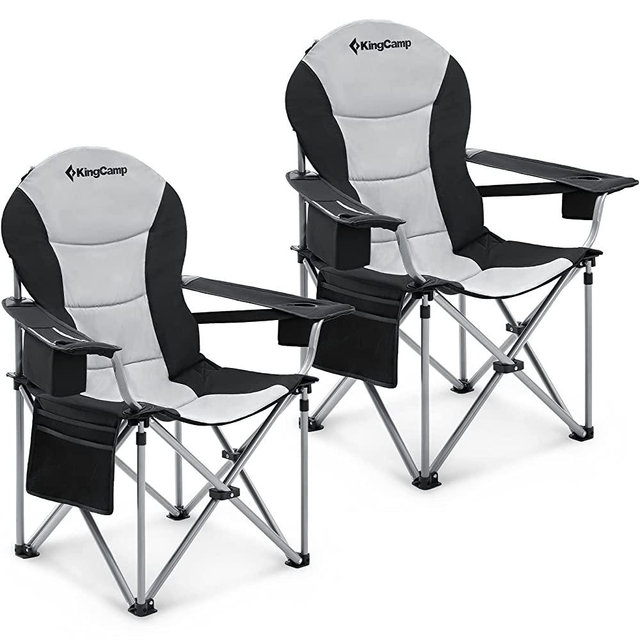 KingCamp Lumbar Support Camping Chair, Padded Heavy Duty Camping Chairs, Portable Oversized Camping Chair for Heavy People, Folding Lawn Chair with Armrest, Cup Holder, Side Pocket, Easy Carry