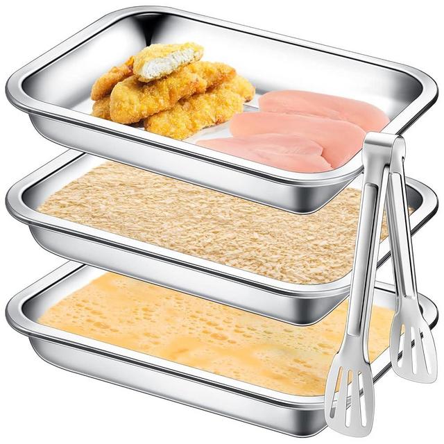 Breading Trays Set of 3 Large 10.4 x 7.7 x 1.9 Inch Stainless Steel Breading Pans with Tong for Dredging Chicken Breasts and Marinating Meat, Food Prep Trays for Breadcrum Dishes, Schnitzel