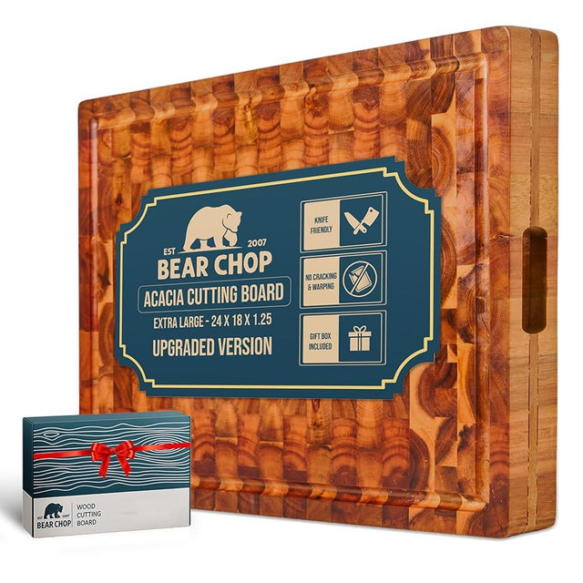 Bearchop Acacia Wood Cutting Board for Kitchen, Butcher Block with 4-Side Reinforced Bar for Anti Crack/Warp, [24"x18"x1.25"] Extra Large End Grain Cutting Boards with Gift Box, Juice Groove, Handle