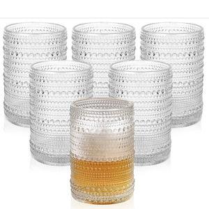 Vintage Glassware Drinking Glasses Set of 6,15 oz Hobnail Glass Cups,Embossed Clear Water Tumbler,for Beer,Cocktail,Whiskey,Juice and Various Mixed Drinks- 1 Cleaning Brush
