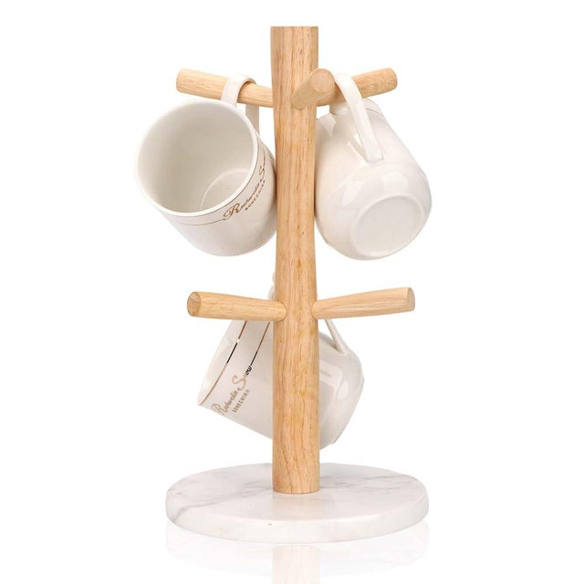 WORHE Mug Holder Marble Base with 6 Hooks Coffee Cup Rack Organizer for Countertop, Round Mugs Stand Hanger for Kitchen Counter Cabinet Bar Accessories and Home Decor White (MH001)