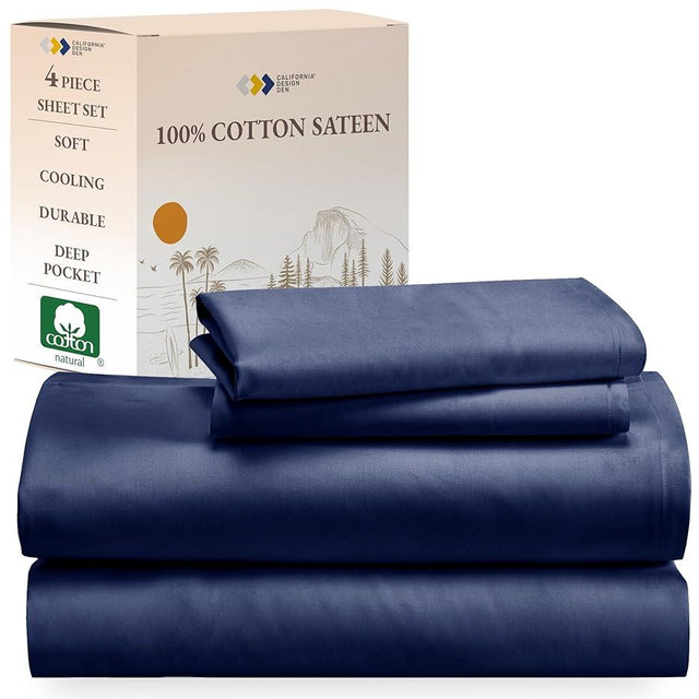 California Design Den Soft 100% Cotton Sheets King Bed Sheets with Deep Pocket, 4 Piece Sheet Set with Sateen Weave, Cooling Sheets - Navy Blue