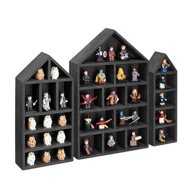 Ikee Design House-Shaped Wooden Shadow Cubby Box Display Shelf Organizer Storage Shadow Box for Mini Figures, Set of 3, 10 W x 2 1/4 D x 15 H in, Black Color