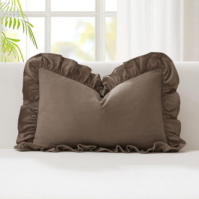 Kevin Textile 12x24 Inch Long Lumbar Pillow Cover 1 Pack 100% Cotton Lace Ruffles Scalloped Decorative Rectangle Cushion Case Soft Pillow for Bedding Couch Sofa, Khaki