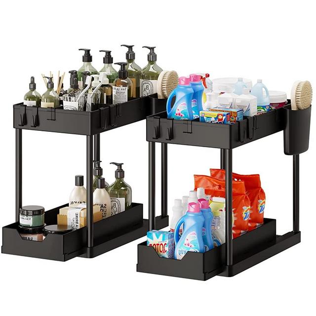 Fixwal 2pcs Under Sink Organizer and Storage, 2-Tier Bathroom Organizer, Kitchen organization, Cabinet organizer, Make Up Organizers and Storage with Hooks, Hanging Cup and Dividers