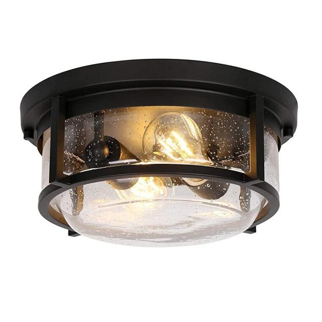 Hykolity 2-Light Outdoor Indoor Ceiling Light, Flush Mount Bathroom Ceiling Light Fixtures, Black Finish with Seeded Glass Shade for Porch, Entryway, Bedroom, ETL Listed (Bulb not Included)