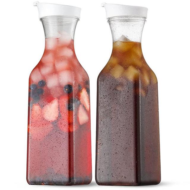 NETANY 50 Oz Water Carafe with Flip Top Lid, Set of 2 Square Base Juice Containers, Clear Plastic Pitcher - for Water, Iced Tea, Juice, Beverage, Lemonade, Milk, Cold Brew and Mimosa Bar
