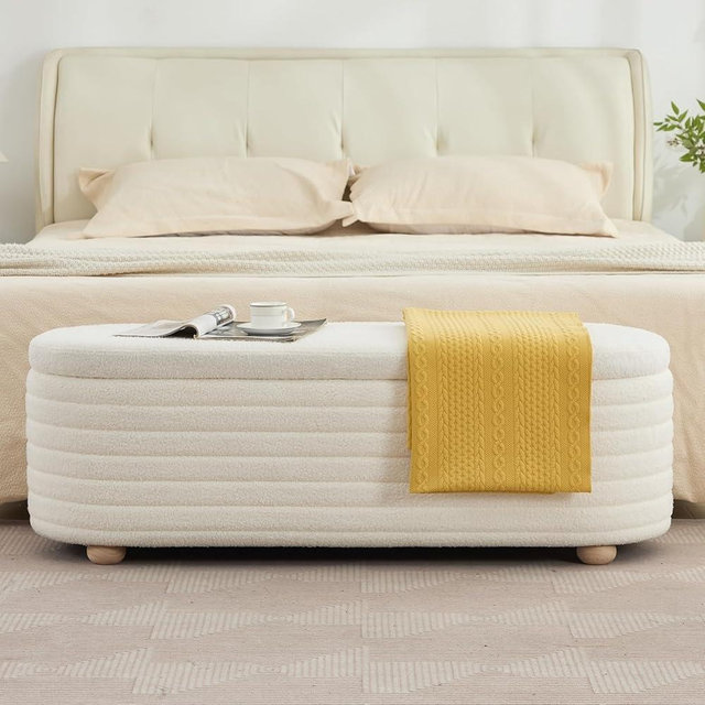DM Furniture 53" Storage Bench Teddy Ottoman Bench Upholstered Fabric Bench End of Bed Stool with Safety Hinge for Bedroom, Living Room, Entryway, White