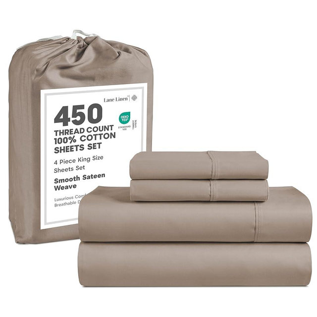 LANE LINEN 100% Cotton 450 TC Bed Sheets King Size, Cooling Sateen Sheets, Breathable & Moisture-Wicking, King Size Sheets Deep Pocket Set for 15” Mattress, Premium Hotel Bedding, Taupe