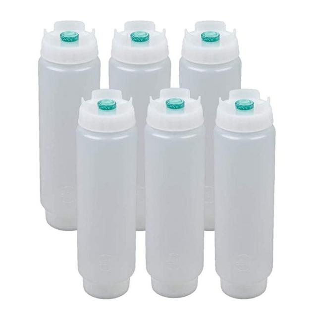 FIFO Squeeze Bottle Refillable 16 oz | Green Tip Small Valve Dispenser for Thin Condiments, Sauces, Batter and Dressing | Self Sealing No Drip No Hassle | (6 Pack)