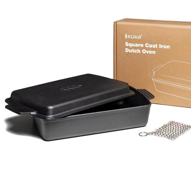 Kuha 2-in-1 Square Cast Iron Dutch Oven, 6 QT – Skillet Lid & Casserole Dish, Pre-Seasoned 13×9 Baking/Roasting Pan, Oven-Grill-Campfire Safe, Comes with Chainmail Scrubber