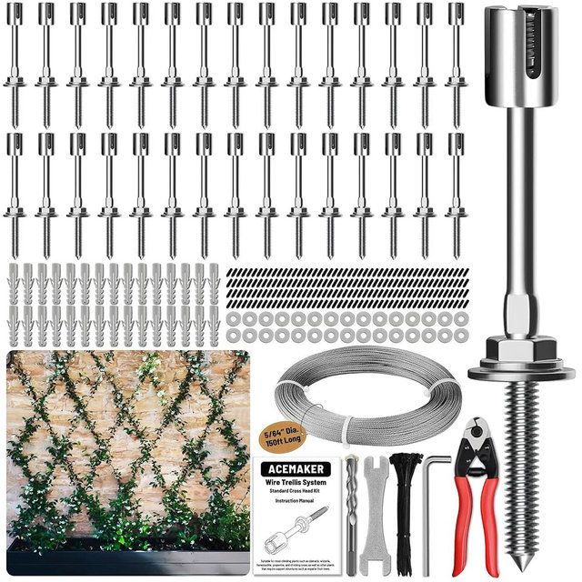 Acemaker Wire Trellis for Climbing Plants Outdoor, 30-Set Wall Wire Trellis Kit with 5/64"(2mm) x 150ft Stainless Steel Cable & Cutter, T316 Espalier System for Fence and Garden DIY Projects
