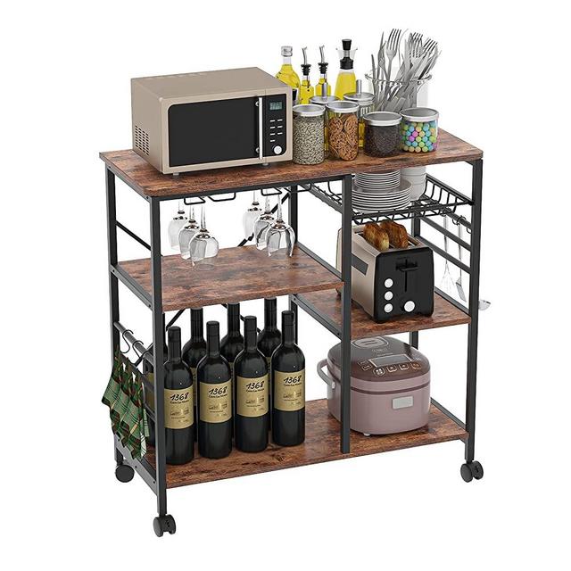 Kitchen Baker’s Rack, Microwave Stand Kitchen Shelve, 4-Tier+3-Tier with 6 Hooks and Lockable Wheels for Spice Rack Organizer Workstation, Rustic Brown
