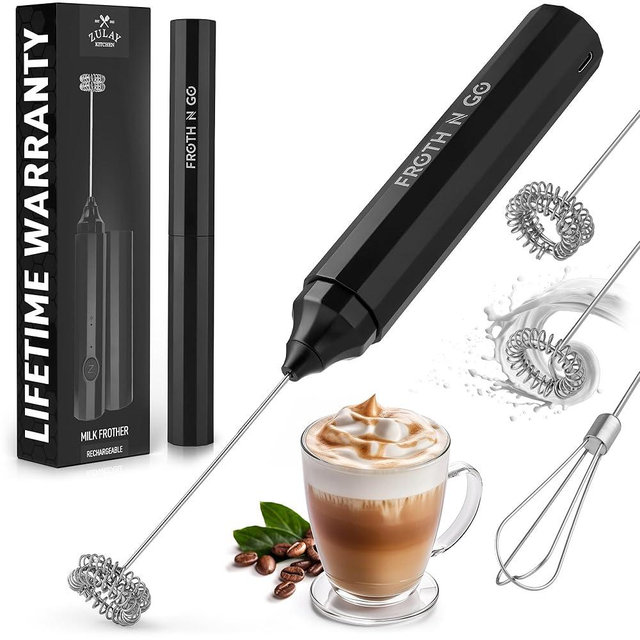 Zulay Kitchen Powerful Rechargeable Milk Frother with Case - Froth N Go Compact Handheld Foam Maker for Lattes - Travel Electric Whisk Drink Mixer for Coffee - 3 Whisk Attachments - Black