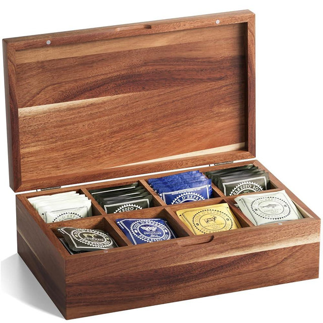Danfoxer Acacia Wood Tea Bag Organizers, Tea and Sugar Packet Storage Chest with Lid, Wooden Teabag Holder Containers,Tea Box with 8 Compartments