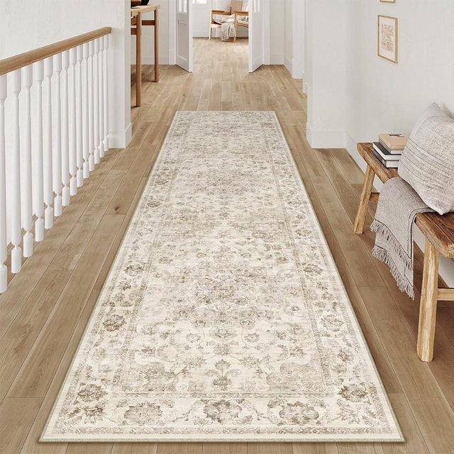 WondRg 2x12 Washable Neutral Runner Rug Beige Vintage Hallway Kitchen Carpet Non-Slip Soft Low Pile Floral Throw Rug for Bedroom Bathroom Laundry Living Room